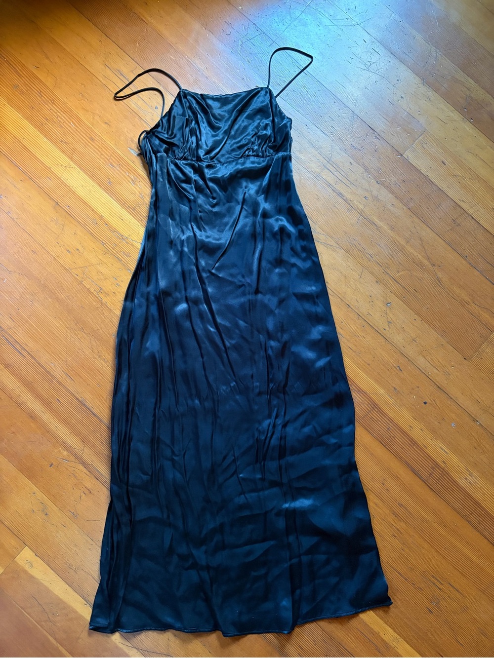 Zara Black Satin Maxi Slip Dress with Spaghetti Straps